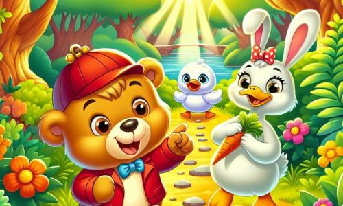 Benny Bear, a small brown bear wearing a red detective hat, looks curious and excited as he stands on his hind legs pointing to a secret path behind green bushes. Next to him, Daisy Duck, a white duck with a pretty pink bow, shows her enthusiasm with bright eyes, bouncing in place. Ricky Rabbit, a small rabbit with big ears and gray fur, looks around with an intrigued expression while nibbling on a carrot. The scene takes place in a sunny forest with trees boasting vibrant green leaves and colorful flowers scattered on the ground. Sunbeams break through the branches, illuminating the mysterious path. Benny and his friends are eager to explore this hidden trail, excited to discover the golden treasure awaiting them.