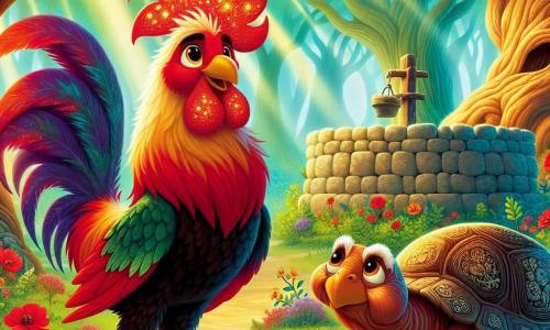 Un gallo de plumas ardientes, brillantes como llamas, se encuentra en el centro de la escena, con una mirada decidida y algo inquieta. Sus ojos brillan con un destello de aventura mientras se prepara para entrar en el misterioso Bosque de los Susurros. A su derecha, una vieja tortuga de caparazón arrugado y sabio, con ojos suaves y un caparazón decorado con motivos naturales, lo anima con un gesto tranquilizador. Ella se encuentra cerca de un viejo pozo de piedra, rodeado de flores silvestres coloridas. El lugar es un bosque encantado, con árboles de troncos nudosos, hojas de un verde brillante y rayos de sol filtrándose entre las ramas, creando una atmósfera mágica. Plumas de Fuego, el gallo valiente, está listo para elegir su camino entre los tres senderos misteriosos que se le presentan, cada uno prometiendo una aventura diferente.