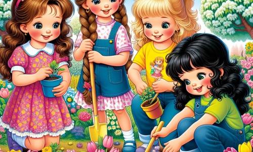 Quattro ragazze di nove anni, sorridenti e felici, sono riunite in un giardino vibrante di colori primaverili. Marta, con lunghi capelli castani e trecce, indossa un vestito rosa a fiori e tiene una piccola pala di plastica, pronta a piantare semi. Sofia, con capelli biondi e ricci, è vestita con una maglietta gialla e osserva attentamente un piccolo vaso di fiori che tiene tra le mani. Elisa, con capelli castani legati in coda di cavallo, indossa un pantaloncino di jeans e una maglietta blu, ed è accovacciata, intenta a rastrellare la terra con un rastrello. Infine, Chiara, con capelli neri e una frangia, indossa una camicetta verde e usa un bastone per sostenersi, sorridendo alle altre. Il giardino è un vero e proprio quadro primaverile, pieno di fiori colorati come tulipani, margherite e girasoli, con alberi in fiore sullo sfondo. Il cielo è di un blu splendente, punteggiato da alcune nuvole bianche e soffici. Le ragazze si dedicano gioiosamente a piantare semi nel terreno fertile, ridendo e discutendo della bellezza della natura che le circonda, creando così un momento magico di amicizia e scoperta.