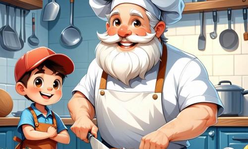 Un chef de cocina jovial, un hombre de unos 50 años con una gran barba blanca y ojos brillantes, está preparando una pizza en su cocina. Lleva un gorro blanco y un delantal colorido, y sonríe con entusiasmo mientras extiende la masa sobre una gran mesa de madera. A su lado, un niño de 10 años, Lucas, con una gorra de béisbol al revés y una amplia sonrisa, observa atentamente y sostiene un rodillo, listo para ayudar. La cocina es cálida y acogedora, con paredes decoradas con recetas coloridas y estantes llenos de ingredientes frescos. La escena principal muestra al chef y a Lucas riendo y compartiendo consejos mientras preparan juntos una deliciosa pizza, creando un momento de complicidad y alegría culinaria.