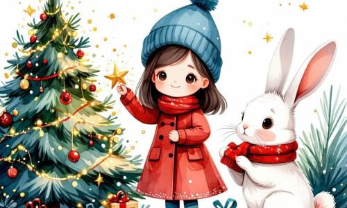 Una bambina di 3 anni, Clara, con grandi occhi brillanti e guance rosate, sta decorando un magnifico albero di Natale. Indossa un bel cappotto rosso e un berretto blu, sorridendo meravigliata mentre tiene una stella dorata tra le mani. Accanto a lei, un coniglietto bianco di nome Bianchino, con un cappello rosso in testa, salta gioiosamente tenendo una ghirlanda di foglie verdi. Il luogo è una foresta incantata, coperta di neve scintillante, con alberi maestosi adornati di luci colorate e decorazioni festive. Fiocchi di neve scendono dolcemente dal cielo, aggiungendo un tocco magico alla scena. Clara e Bianchino stanno preparando la festa di Natale, circondati da animali felici che decorano l'albero e preparano regali, creando un'atmosfera festosa e calorosa.