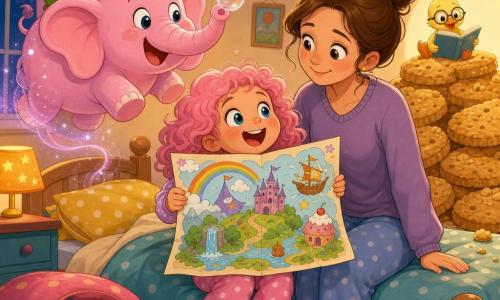 Una bambina di 4 anni, viso rotondo, capelli ricci rosa pallido, occhi grandi e gioiosi, tiene stretta al petto una grande pagina colorata della sua 
