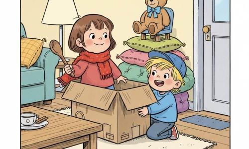 Sunt trei personaje: o fetiță de aproximativ 2 ani cu păr scurt șaten, obraji rotunzi și zâmbet, purtând o eșarfă roșie pufoasă ca pelerină și ținând o lingură de lemn ca timonă, stând în stânga cutiei transformate în barcă și privindu‑o înainte; un băiețel de aproximativ 2 ani cu șuvițe blonde și ochi vioi, cu o șapcă albastră, așezat în dreapta în cutie, împingând-o ușor cu mâinile și râzând; și un ursuleț de pluș bej cu fundiță albastră, așezat pe un scaun în fundal, privind copiii ca tovarăș de călătorie. Locul este un living luminos și cald cu covor crem pufos, perne colorate stivuite ca un „munte”, o măsuță de lemn deschis, o ușă cu prag mic și firimituri pe podea; în centrul camerei e o cutie de carton transformată în barcă. Situația: cei doi micuți pornesc într‑o aventură imaginară pe barca‑cutie pe covor; fetița manevrează lingura ca timonă, băiatul împinge și râde, barca trece pe lângă perna‑munte și peste un prag simbolic; atmosferă blândă, culori calde, trăsături rotunjite și expresii vesele, stil de bandă desenată simplu, potrivit pentru copii mici.