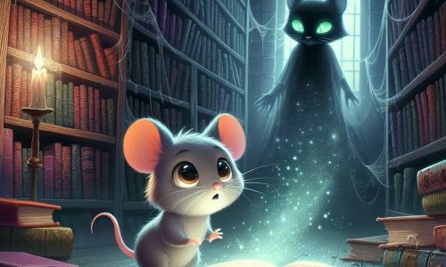 Max, een kleine muis met een zachte grijze vacht en grote sprankelende ogen, staat in het midden van een donkere en mysterieuze bibliotheek, zijn gezicht toont zowel nieuwsgierigheid als een lichte angst. Hij leunt naar voren en kijkt naar een groot oud boek dat voor hem openligt, waarvan de pagina's een magische gloed uitstralen. Naast hem zweeft de etherische schaduw van een zwarte kat met stralend groene ogen in de lucht, met een wijze en bemoedigende uitdrukking, alsof hij Max begeleidt in dit avontuur. De bibliotheek is gevuld met hoge stoffige houten planken vol boeken met kleurrijke omslagen, terwijl spinnenwebben in de donkere hoeken hangen. Een mysterieuze lichtstraal komt uit het open boek, verlicht de gezichten van de personages en creëert een zowel magische als angstaanjagende sfeer. De hoofd situatie toont Max, de muis, die het oude boek ontdekt dat lijkt te roepen, terwijl de kat hem aanmoedigt om zich onder te dompelen in de avontuurlijke wereld die hem wacht, wat het begin van zijn reis in de verboden bibliotheek symboliseert.