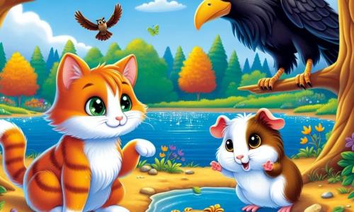 Um gato chamado Léo, com pelagem listrada laranja e olhos verdes brilhantes de curiosidade, está à beira de um lago cintilante, olhando com determinação para o espelho mágico que flutua na superfície da água. Ao seu lado, um pequeno porquinho-da-índia chamado Pip, com pelos brancos e marrons, salta de excitação, suas grandes orelhas em pé, enquanto aponta com o focinho para o espelho. Ao fundo, uma majestosa corvo negro, empoleirada em um galho, observa a cena com um ar sábio, suas penas brilhantes se destacando contra o céu azul. O lago é cercado por árvores com folhas douradas, e flores coloridas margeiam a costa, criando uma atmosfera encantada. Léo e Pip estão em uma busca para encontrar o espelho mágico, simbolizando a amizade e a aventura no coração da floresta.