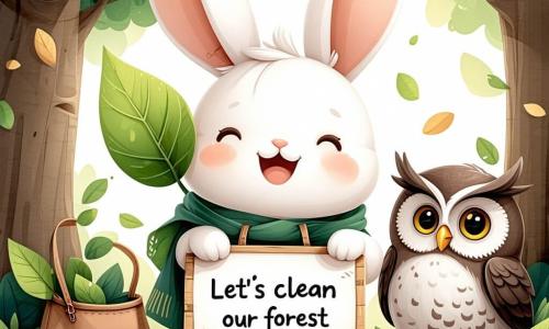 Un pequeño conejo blanco llamado Oliver, con grandes orejas y un pelaje suave, está en el centro de la imagen, mostrando una expresión alegre y decidida. Sostiene una gran hoja como un cartel con la inscripción 