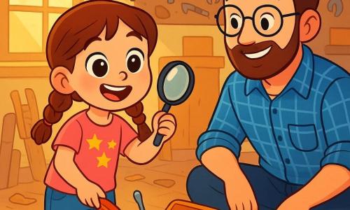 A 6-year-old girl with big bright eyes and braided brown hair stands in a messy workshop, an enthusiastic smile on her face. She wears a pink t-shirt with stars and denim shorts, holding a magnifying glass in her right hand, ready to solve a mystery. Next to her, her father, a man in his thirties with a well-groomed beard and round glasses, is crouched by a toolbox. He wears a blue checkered shirt and work pants, displaying a look of pride and admiration for his daughter. The workshop is filled with light, with tools hanging on the wall, pieces of wood scattered on the floor, and a large window letting in golden sunlight. A half-repaired old wooden chair is visible in the background, adding charm to the scene. The main situation shows the little girl discovering a shiny screwdriver in a toolbox, surrounded by scattered screws, while her father encourages her with a warm smile, creating an atmosphere of excitement and camaraderie.