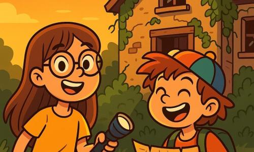 A 10-year-old girl named Lily, with long brown hair and round glasses, smiles with sparkling eyes of excitement. She wears a bright yellow t-shirt and denim shorts, holding a flashlight in one hand, ready to explore. Next to her is Max, a 10-year-old boy with messy hair and a colorful hat, laughing joyfully while holding an old paper map. They stand in front of an old abandoned house with crumbling walls covered in ivy, broken windows, and a creaky wooden door. The scene is bathed in golden sunset light, creating a mysterious and adventurous atmosphere. Lily and Max are about to enter the house, their faces lit up with the excitement of discovery, ready for an unforgettable adventure.