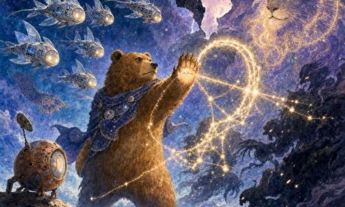 A large anthropomorphic brown bear with textured warm washes of fur, a determined yet softened expression, raises a paw in a 