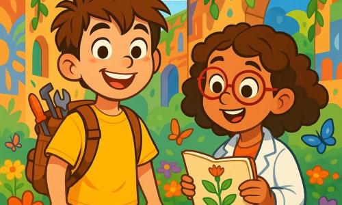 A young boy named Max, about 10 years old, with messy brown hair and sparkling curious eyes, stands in the center of the image. He wears a bright yellow t-shirt and a small backpack filled with tools, displaying a wide smile of excitement. Beside him is his best friend, Dr. Lily, a 9-year-old girl with red glasses and curly hair, carefully observing a drawing of a rare plant in her notebook, her face lit up with wonder. In the background, the mysterious Whispering Alley is visible, with walls adorned with colorful murals, lush vines hanging like curtains, and a bright blue sky. The scene shows Max and Dr. Lily discovering a secret rooftop garden, surrounded by vibrant flowers and fluttering butterflies, while they laugh and share their excitement for the adventure ahead.