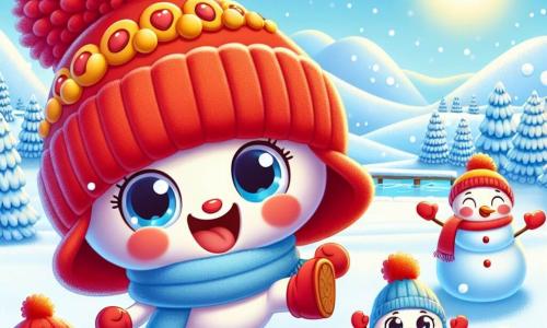 El personaje principal es un alegre gorro de lana rojo llamado Pipo, con pompones en la parte superior que parecen ojos risueños. Está bailando en la nieve, su rostro radiante de felicidad y emoción, mientras los copos de nieve caen a su alrededor. A su lado está Lila, una suave bufanda azul que se enrolla alrededor de su cuello, con ojos brillantes de alegría. Ella lo anima levantando los brazos, lista para divertirse en la nieve. Un poco más lejos, Tico y Tina, unos guantes amarillos, se divierten haciendo bolas de nieve, con sonrisas brillantes. El lugar es un paisaje invernal encantador, con árboles cubiertos de nieve brillante, un cielo azul claro y un suelo inmaculado de blanco. La situación principal muestra a Pipo y sus amigos en plena actividad, construyendo un gran muñeco de nieve, riendo y jugando juntos, mientras la magia del invierno los rodea.