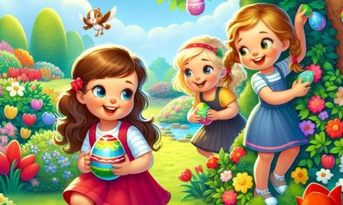 En un jardín soleado, tres niñas alegres están en plena búsqueda de huevos de Pascua. Ana, una niña de 8 años con cabello largo y castaño y un vestido rosa, está agachada cerca de un arbusto, sosteniendo un huevo rojo brillante. A su lado, María, una niña de 7 años con trenzas rubias y una blusa azul, señala un huevo azul escondido bajo una flor. Lucía, una niña de 6 años con cabello rizado y un vestido amarillo, salta de alegría al descubrir un huevo verde cerca de un árbol. El jardín está lleno de flores coloridas, con tulipanes rojos y narcisos amarillos. Un gran árbol se alza en el centro, con ramas cargadas de hojas verdes y un huevo gigante de colores. A lo lejos, un pequeño conejo travieso, con pelaje blanco y grandes orejas, observa a las niñas con una sonrisa pícara, listo para ayudarlas en su búsqueda. Las niñas ríen y se divierten, creando una atmósfera de alegría y magia de Pascua.