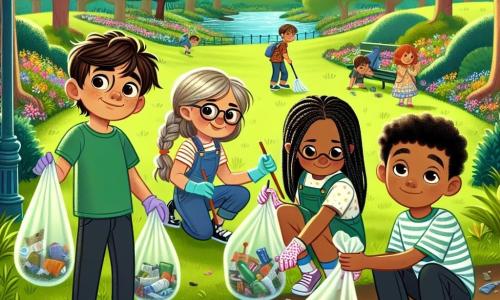 Em um parque verdejante, quatro crianças se reúnem para limpar a natureza. Lucas, um garoto de 10 anos com cabelo castanho bagunçado e uma camiseta verde, segura uma mochila cheia de luvas e sacos de lixo. Ao seu lado, Ana, uma menina de 9 anos com longos cabelos loiros trançados e um vestido colorido, coleta lixo com um grande sorriso. Miguel, um garoto de 10 anos com cabelo preto e óculos redondos, está agachado organizando plástico em um saco transparente. Por fim, Pedro, um garoto de 9 anos com cabelo cacheado e uma camiseta listrada, mostra uma garrafa plástica que encontrou, com um olhar determinado. O parque é cheio de árvores majestosas, flores coloridas e um gramado verdejante, mas o lixo está espalhado pelo chão, contrastando com a beleza da natureza. As crianças estão em ação, rindo e conversando enquanto recolhem o lixo, determinadas a deixar seu parque limpo e acolhedor para todos os animais e visitantes.