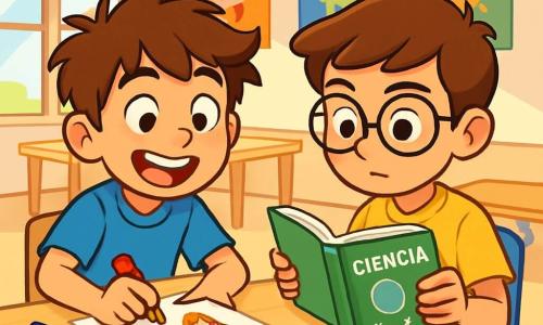 Um garoto de 12 anos, Tiago, com cabelos castanhos bagunçados e olhos brilhantes de curiosidade, está sentado a uma mesa, com um grande sorriso no rosto, cercado por lápis de cor espalhados. Ele desenha entusiasticamente personagens de sua história, com traços animados e alegres, mostrando sua empolgação. Ao lado dele, seu amigo Lucas, também de 12 anos, com óculos redondos e cabelos castanhos, folheia um livro de ciências, com uma expressão concentrada e determinada, pronto para adicionar elementos científicos ao projeto.

A cena acontece em uma sala de aula iluminada, cheia de pôsteres coloridos nas paredes, janelas que deixam entrar a luz do sol e mesas de madeira clara. Almofadas coloridas estão dispostas no chão, criando uma atmosfera acolhedora.

Tiago e Lucas colaboram alegremente em seu projeto de quadrinhos, trocando ideias e rindo juntos, ilustrando a importância da amizade e da criatividade em sua aventura.