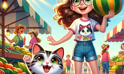 Uma menina de 12 anos, com cabelos castanhos e cacheados, usando óculos redondos, sorri alegremente enquanto segura um grande melão listrado de verde e amarelo. Ela veste uma camiseta com estampas de gatos e um short jeans, seus olhos brilhando de empolgação. Ao lado dela, um gato malhado, chamado Tufão, com olhos amarelos brilhantes, está em pé sobre as patas traseiras, fazendo uma pose cômica com uma pata levantada, como se fosse um maestro. O cenário é um mercado colorido, cheio de barracas de frutas vibrantes, legumes frescos e flores esplendorosas, com pessoas sorridentes se movendo ao redor. O sol brilha em um céu azul claro, iluminando a cena com uma luz quente. A situação principal mostra Mafalda e Tufão escolhendo o melão perfeito para um concurso, com expressões de alegria e cumplicidade, enquanto clientes curiosos os observam com diversão.