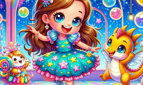 Uma menina de 8 anos, Clara, com longos cabelos castanhos e olhos brilhantes de curiosidade, veste um vestido estrelado e sapatos brilhantes. Ela dança alegremente em uma sala mágica cheia de cores vivas, cercada por criaturas fantásticas. Ao seu lado, uma pequena fada chamada Luzinha, com asas cintilantes e um vestido feito de pétalas de flores, sorri convidando-a a dançar. Um dragão miniatura, com escamas douradas e olhos travessos, sopra bolhas de sabão que flutuam ao redor deles, acrescentando um toque de magia à cena. O local é uma magnífica Casa Flutuante, construída nas nuvens, com paredes de bolhas de sabão e janelas em arco-íris. Cordões de luzes brilham no teto, e animais dançam alegremente no chão de açúcar. A cena principal mostra Clara rindo e dançando com Luzinha e o dragão, enquanto pinguins acrobatas fazem piruetas em sorvetes coloridos, criando uma atmosfera de festa e alegria.