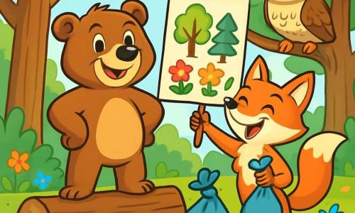 Un giovane orso bruno di nome Bruno, con occhi pieni di determinazione, si erge su un grande tronco d'albero, con le zampe anteriori posate sui fianchi e un ampio sorriso. Accanto a lui, Gilda la volpe, con il suo pelo rosso brillante e occhi maliziosi, brandisce un grande cartello colorato con disegni di fiori e alberi, mostrando il suo entusiasmo. Tito il gufo, posato su un ramo vicino, osserva la scena con uno sguardo saggio e incoraggiante, le sue piume bianche e brune che contrastano con il verde delle foglie. La scena si svolge in una foresta vibrante di Verdechiaro, dove alberi maestosi si ergono verso il cielo, circondati da fiori multicolori che danzano nel vento. Il suolo è cosparso di foglie verdi e piccoli ruscelli scintillanti, creando un'atmosfera gioiosa e vivace. Bruno e i suoi amici organizzano una grande giornata di pulizia, raccogliendo rifiuti mentre ridono e chiacchierano, mostrando l'importanza di prendersi cura della loro bella foresta.