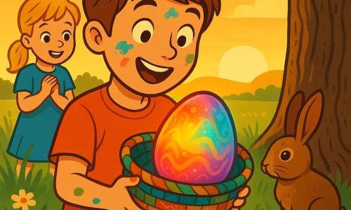 Ein etwa 10-jähriger Junge, erstaunt und lächelnd, kurz kastanienbraunes Haar, Farbflecken an Fingern und Stirn, hält einen bunten, selbstgemachten Weidenkorb mit einem großen irisierenden Regenbogen‑Ei; links leicht dahinter Lisa, ca. 6 Jahre, neugierig und begeistert, blondes Pferdeschwanzhaar, Hände gefaltet, blickt bewundernd aufs Ei; rechts am Fuß einer alten Eiche ein kleiner brauner Hase mit weichem Fell und schwarzen glänzenden Augen, aufgerichteten Ohren, als habe er das Ei abgelegt; Ort: grüne Wiese bei Sonnenuntergang, hohe Gräser, bunte Wildblumen, alte Eiche mit sichtbarer Rinde und Wurzeln, goldenes Licht und lange Schatten; Hauptsituation: Junge entdeckt ein magisches Ei nahe der Eiche, fröhlich erstaunte Miene, Halbnahaufnahme, warme Farben, starke Kontraste, einfacher Vektor‑Stil mit klaren Konturen, flachen Texturen und dekorativen Mustern auf Ei und Korb.