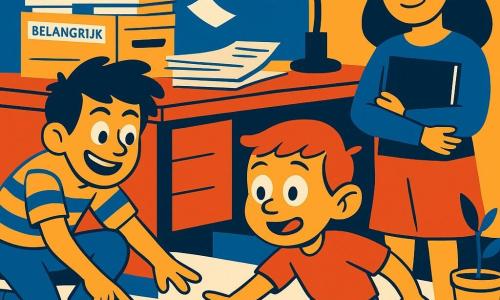 Hoofdpersonage is een klein cartoonkind met grote lichtomgeslagen oren, expressieve staart, rond gezicht, wijde ogen en nerveuze glimlach, verbaasd en verwonderd, staand op de voorgrond met hand naar een rollend geel plastic bekertje, een oudere broer met slordig haar en ondeugende open mond gehurkt links wijst naar het bekertje en staat klaar om te rennen in een gestreept T‑shirt en kleurrijke sneakers, en een oudere zus met rustige glimlach en trotse opgetrokken wenkbrauwen staat rechts iets op de achtergrond met een map en kijkt beschermend; locatie: chaotisch gezinskantoor met licht houten bureau, stapels papieren gelabeld "BELANGRIJK" en "NOG BELANGRIJKER", rommelige dossiers, grote doos "DIVERSEN (NIET AANKOMEN)", rondvliegende A4‑vellen, vintage vloerlamp en scheefstaande plant; hoofdactie: geel plastic bekertje rolt tussen de stapels richting de doos terwijl de drie kinderen geanimeerd reageren, heldere compositie met sterke contrasten, eenvoudige lijnen, warme en koele kleurvlakken en een vrolijke, dynamische sfeer.