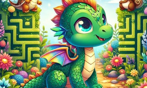 Un pequeño dragón con escamas esmeralda brillantes y grandes alas coloridas que relucen como un arcoíris se encuentra al borde de un hermoso laberinto de plantas mágicas. Tiene ojos llenos de curiosidad y una sonrisa decidida, listo para enfrentar la aventura que le espera. A su lado, una pequeña tortuga con caparazón dorado y ojos sabios observa el laberinto con una expresión reflexiva, firme en el suelo y lista para dar consejos a su amigo. Un poco más lejos, un travieso ardillón de pelo marrón y ojos brillantes vuela alegremente, riendo y animando al dragón a avanzar. El decorado es un laberinto vibrante, hecho de plantas de colores brillantes, con muros de follaje que parecen danzar bajo la luz del sol. Las flores cantantes emiten suaves melodías, mientras que un cielo azul brillante se extiende sobre ellos. La situación principal muestra al pequeño dragón y sus amigos ante un desafío: deben encontrar la salida del laberinto usando su ingenio y amistad, mientras rayos de luz filtran a través de las hojas, creando una atmósfera mágica y encantadora.