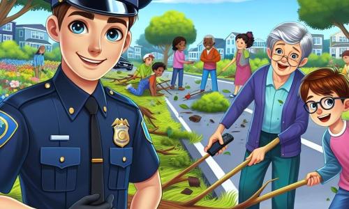 Un policía hombre, con una sonrisa amable, vestido con un uniforme azul marino y una gorra, se encuentra en el centro de la imagen ayudando a un grupo de vecinos a despejar un árbol caído en la carretera. Tiene cabello castaño y ojos brillantes de determinación, mostrando su compromiso con la comunidad. A su derecha, un niño de doce años, con cabello castaño y gafas, coordina los esfuerzos de los vecinos con una expresión de orgullo y emoción. A su izquierda, una mujer mayor, con cabello gris y un chal colorido, sostiene un teléfono móvil, lista para llamar a los servicios de emergencia si es necesario, observando la escena con gratitud. La escena tiene lugar en un parque urbano, rodeado de árboles verdes y flores coloridas, bajo un cielo azul brillante con algunas nubes blancas, mientras los niños juegan a lo lejos, añadiendo una atmósfera alegre. La situación principal muestra al policía y al niño trabajando juntos con los vecinos para despejar el árbol caído, ilustrando el espíritu de cooperación y ayuda en la comunidad.