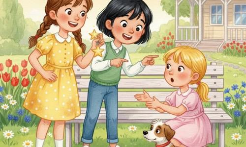 Tres niñas: Ana (7) con trenzas castañas, vestido amarillo de lunares y llavero en forma de estrella en la mano derecha; Sofía (7) de pelo corto negro, chaleco verde y vaqueros, señalando el llavero con entusiasmo; Clara (6) con coleta rubia, vestido rosa, agachada junto a su perrito Rocky, sorprendida y feliz. Escena en un jardín al final de la tarde con césped y margaritas, parterres de tulipanes rojos y azulones, camino de piedras y al fondo la casa de la abuela con porche blanco y cielo naranja pastel; textura de gouache, pinceladas suaves y bordes ligeramente difuminados. Situación: las dos pequeñas detectives devuelven el llavero estrella a Clara junto a un banco del parque, momento de alegría y encuentro, composición centrada, ambiente cálido, colores vivos y expresiones claras.