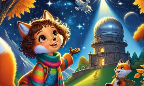 A small cunning fox with bright orange fur and a bushy white-tipped tail gazes in wonder at a silver spaceship rising into the starry sky, its eyes shining with curiosity and excitement. Next to it, a young girl with curly brown hair, wearing a colorful jacket, smiles enthusiastically, raising her hand to greet the departing alien, her face illuminated by starlight. The setting is an ancient observatory perched on a green hill, surrounded by trees with autumn-golden leaves, and the sky is dotted with sparkling stars, creating a magical and mysterious atmosphere. The scene captures the moment when the fox and the girl admire the spaceship leaving Earth, symbolizing friendship and adventure that transcends worlds.