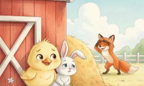 A pale yellow fluffy chick with a shiny orange beak and big mischievous eyes smiles while crouching and hiding behind the corner of a large red barn; a soft white rabbit named Benny with long fuzzy ears sits close, looking relieved and shy as it nestles against the chick; a playful red fox named Freddy stands a little farther off, shiny fur and a curved, playful posture, counting with a paw over his eyes as if saying "1, 2, 3"; the sunny farm scene has a red barn, pale yellow haystacks, green grass dotted with wildflowers, a soft blue sky with cottony clouds, and a warm, gentle atmosphere of a peaceful, joyful game of hide-and-seek for toddlers.