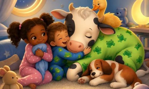 Ci sono 5 personaggi: Sofia, bambina di 5 anni con due codine e pigiama rosa a stelle, seduta a sinistra e sorridente con un piccolo peluche blu; Tommaso, bambino di 5 anni con capelli castani corti e pigiama blu con ranocchi verdi, seduto a destra di Sofia che ride e tende la mano verso la mucca; Lola, grande mucca bianca a macchie nere con pigiama a ranocchi verde acceso, sdraiata al centro con la testa vicina ai bambini come in un abbraccio; Gilda, piccola cicogna giallo-arancio dal piumaggio morbido, appollaiata sulla schiena di Lola vicino alla testa; Fufi, cagnolino rosso e bianco dalle orecchie cadenti, sdraiato accanto a Lola con una zampa sul tappeto. Luogo: una camera intima con tappeto crema, parete azzurro pallido con adesivi di stelle argentate, finestra rotonda con luce di luna dorata, lampada a forma di luna e peluche sparsi. Situazione principale: scena di nanna calma e affettuosa con tutti i personaggi riuniti sul tappeto in un piccolo cerchio d'amicizia, espressioni tenere, occhi socchiusi e luce calda e pastello con dettagli vivaci.