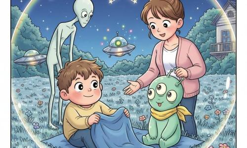 Niño de 6 años de rostro redondo, cabello castaño despeinado y sonrisa tímida sentado con una gran manta azul invitando a una criatura; a su lado Nala, extraterrestre verde menta de tres ojos grandes y una bufanda amarilla, con expresión feliz; la madre (unos 30 años) de pie detrás con el cabello en moño y mano en el hombro, mirada benevolente; Bipi, disco plateado flotante con botón verde luminoso sonriendo y emitiendo chispas de colores en el centro; dos visitantes más junto a una pequeña platillo brillante al fondo: una silueta alta, delgada y pálida curvada y otra redonda y jovial; pradera nocturna de hierba plateada y flores luminosas, una casa con balcón y cielo azul noche con una estrella-cápsula brillante; escena de bienvenida sobre la manta bajo una burbuja luminosa multicolor que ilumina rostros, ambiente cálido, mágico y seguro, estilo gráfico en tonos pastel, trazos redondeados y expresiones amables.