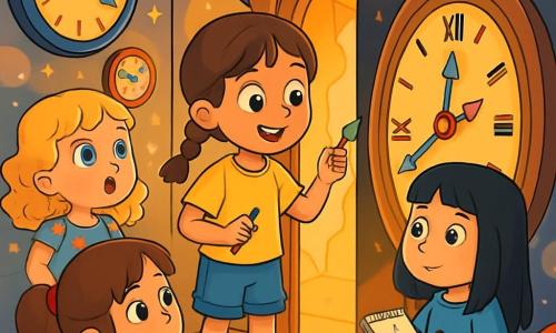 Hay 4 niños: - Lola: una niña de 8 años, con cabello castaño trenzado, lleva una camiseta amarilla y un short de mezclilla. Está de pie en el centro, sosteniendo una pequeña pluma de reloj en su mano. - Mía: una niña de 8 años, con cabello rubio rizado, vestida con un vestido de flores. Está a la izquierda de Lola, mirando con asombro un gran reloj antiguo. - Sara: una niña de 8 años, con cabello negro liso, lleva una camiseta azul y pantalones rosas. Está a la derecha de Lola, sosteniendo un cuaderno y un lápiz, lista para escribir. - Nina: una niña de 8 años, con cabello pelirrojo recogido en una coleta, vestida con un sudadera verde. Está un poco más atrás, observando atentamente la escena con ojos curiosos. El lugar se desarrolla en un pasillo mágico lleno de grandes relojes con manecillas de colores que giran en diferentes direcciones. Las paredes están decoradas con patrones de estrellas y nubes, y una luz suave y dorada ilumina el espacio, creando una atmósfera de ensueño. La situación principal muestra a los niños descubriendo un pasaje secreto detrás de un reloj gigante, con expresiones de asombro en sus rostros. Están listos para entrar en un mundo donde el tiempo cobra vida, rodeados de relojes brillantes y recuerdos flotantes.