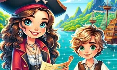 Die Szene zeigt Lila, eine junge Piratin mit langen lockigen Haaren und einem strahlenden Lächeln, die stolz auf dem Deck ihres Schiffes „Sonnenschein“ steht. Sie trägt einen Piratenhut mit einer bunten Feder und eine rote Jacke, während sie in einer Hand eine Schatzkarte hält, ihre Augen leuchten vor Aufregung und Entschlossenheit. Neben ihr steht Max, ein zehnjähriger Junge mit zerzausten blonden Haaren und funkelnden Augen, der die Karte mit Staunen betrachtet. Er trägt eine Lederweste und ein Bandana und scheint bereit für das Abenteuer, die Hände in die Hüften gestützt. Das Schiff ist in der Nähe einer geheimnisvollen Insel verankert, umgeben von glitzerndem türkisfarbenem Wasser. Im Hintergrund sind üppige Palmen und majestätische Berge zu sehen, während der Himmel strahlend blau ist, durchzogen von einigen flauschigen weißen Wolken. Die Hauptsituation der Geschichte zeigt Lila und Max, die ungeduldig und begeistert ihre nächste große Abenteuerreise zur Suche nach dem versteckten Schatz auf der Trauminsel planen, mit einer spürbaren Aufregung in der Luft.