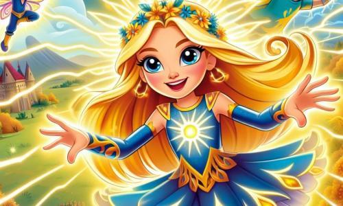 În centrul imaginii, Luminara, o fetiță cu părul lung și auriu, radiază de lumină. Ea poartă un costum colorat, albastru și galben, care strălucește sub soare. Fața ei exprimă determinare și bucurie, în timp ce își folosește puterile pentru a ilumina un parc întunecat, alungând umbrele amenințătoare. La dreapta ei, Fluturaș, un băiat de 10 ani cu aripi multicolore, zboară vesel în aer, observând împrejurimile cu un zâmbet jucăuș. La stânga, Șoapta, o fetiță de 9 ani, se ascunde în spatele unui copac, cu fața pe jumătate invizibilă, având ochii strălucind de curiozitate, pregătită să intervină dacă este necesar. Locul este un parc vibrant de culori, cu copaci cu frunze aurii și flori care par să danseze sub adierea vântului. Cerul este de un albastru strălucitor, presărat cu nori albi pufoși. Situația principală arată cum Luminara folosește lumina sa pentru a respinge umbrele întunecate care îi sperie pe copii, în timp ce prietenii ei o încurajează și o ajută să aducă bucurie și siguranță în acest loc magic.