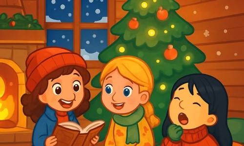 Há 3 personagens: - Clara: uma menina de 9 anos, com cabelos castanhos cacheados, usando um gorro vermelho e um casaco azul. Ela está sentada em uma almofada macia, com os olhos brilhando de excitação, segurando um livro antigo nas mãos. - Leonor: uma menina de 8 anos, com cabelos loiros trançados, vestida com um cachecol verde e um vestido florido. Ela está ligeiramente inclinada para frente, ouvindo atentamente Clara, com um sorriso encantado no rosto. - Beatriz: uma menina de 9 anos, com cabelos negros lisos, usando um grosso suéter vermelho e luvas de lã. Ela está deitada no chão, cercada de almofadas, bocejando, mas seus olhos brilham de curiosidade. O lugar é uma aconchegante casa de madeira, decorada para o Natal, com uma grande árvore iluminada no centro, guirlandas cintilantes e flocos de neve caindo suavemente do lado de fora pela janela. A luz dourada da lareira ilumina o ambiente, criando uma atmosfera mágica e acolhedora. A situação principal da história mostra as três amigas que vigiam juntas, sentadas ao redor da árvore, compartilhando histórias de Natal enquanto aguardam o grande silêncio da noite, com flocos de neve dançando do lado de fora e uma doce melodia natalina pairando no ar.