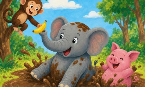 Een olifant genaamd Ollie, blij en een beetje verlegen, met een grote ronde slurf en grijze huid met moddervlekken glijdt met gespreide poten naar een felgele banaan; een klein aapje Apie met bruine vacht en ondeugende ogen hangt links aan een tak en biedt een andere banaan aan; varkentje Vicky, felroze met een krulstaartje, spettert en lacht in een grote bruine modderplas; lichte bosopen plek met groen gras, bruine boomstammen en blauwe lucht; vrolijke, bewegende scène met modderspetters in kinderlijke gouache-stijl, felle contrasterende kleuren, zichtbare penseelstreken, zachte contouren en ronde vormen.