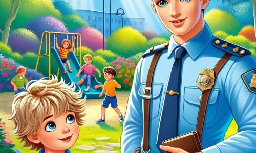 Un tânăr polițist, Radu, un bărbat de 25 de ani, poartă o uniformă albastră strălucitoare, bine ajustată, cu o șapcă pe cap. Fața lui exprimă determinare și curiozitate, iar ochii îi strălucesc de entuziasm în timp ce zâmbește larg. Lângă el, un băiat de 9 ani, Vlad, cu părul blond zburlit și ochi sclipitori, îl privește cu admirație pe Radu, ținând un carnet mic în mâini. Se află într-un parc verde, plin de copaci cu frunze și flori colorate, unde copiii se joacă cu bucurie pe leagăne și tobogane. Scena se desfășoară în timp ce Radu și Vlad tocmai au ajutat o mamă să-și găsească fetița pierdută, ilustrând un moment de camaraderie și ajutor reciproc, în care polițistul îi explică băiatului tânăr importanța de a ajuta pe alții.