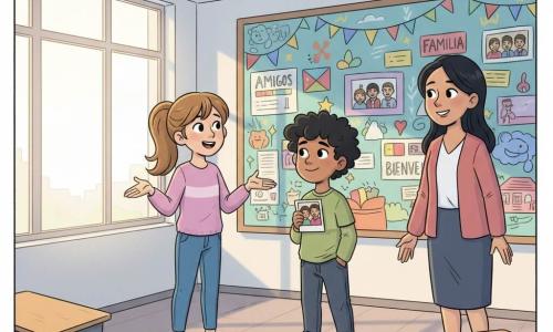 Ana, niña de 10 años radiante y orgullosa con coleta castaña clara y ojos curiosos, de pie ante un mural hablando con las manos abiertas; Samir, nuevo alumno de origen mediooriental de unos 10 años, piel bronceada y cabello negro rizado, sonríe tímidamente junto a ella sosteniendo una foto familiar; un chico de 10 años arrepentido se acerca con las manos en los bolsillos para disculparse; la maestra, mujer latina de cabello negro liso, sonriente y amable junto al tablero; aula luminosa con grandes ventanas, pupitres en semicírculo y un colorido mural con dibujos, banderas, fotos y palabras escritas; ambiente cálido en tonos pastel, expresiones que muestran inclusión y emoción sincera; estilo cómic suave con líneas nítidas, colores cálidos y texturas de papel y lápiz, composición centrada en Ana y Samir.