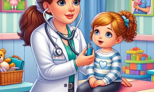 Dr. Lucy is a woman in her thirties with brown hair tied in a neat ponytail. She wears a bright white coat and a stethoscope around her neck, displaying a focused and caring expression. She is examining a small girl, Emma, who is about 7 years old, with curly blonde hair and bright eyes, sitting on an examination table, looking a bit worried but reassured by Dr. Lucy's presence. Nurse Ben, a man in his thirties with brown hair and a mustache, stands beside them holding an inhaler, ready to help. The setting is a colorful clinic with light blue walls, health-themed cartoon posters, and toys scattered on the floor, creating a welcoming and cheerful atmosphere. The main scene shows Dr. Lucy helping Emma use an inhaler, with smiles and reassuring gestures, while Nurse Ben watches attentively, ready to assist if needed.