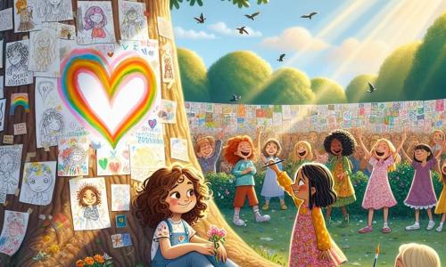 Em um parque ensolarado, uma menina de 9 anos chamada Clara, com cabelos castanhos e cacheados, está sentada sob um grande carvalho, com as pernas cruzadas, segurando um caderno de desenho. Ao lado dela, sua melhor amiga Ana, também de 9 anos, com cabelos longos e lisos, vestindo um vestido colorido, sorri enquanto segura um pincel e tinta. Ao fundo, um grupo de crianças, incluindo um menino chamado Lucas, com cabelos loiros e curtos, e uma menina chamada Sofia, com tranças negras, se reúne em torno de um grande muro colorido, decorado com desenhos e mensagens de esperança. O parque é cheio de verde, com flores vibrantes e pássaros cantando, criando uma atmosfera alegre apesar dos sentimentos de tristeza. A cena principal mostra Clara e Ana pintando um grande coração no muro, simbolizando amor e amizade, enquanto as outras crianças as incentivam, ilustrando a solidariedade diante dos desafios da separação.