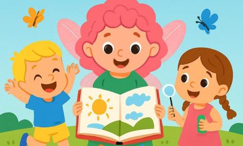 Lila, uma pequena fada com asas brilhantes e cabelos cacheados rosa, sorri maravilhada enquanto segura um grande livro aberto. Ela veste um vestido verde decorado com flores coloridas e está no centro de um campo ensolarado, cercada por flores vibrantes e borboletas dançantes. Ao lado dela, um menino de cabelos loiros e olhos brilhantes, vestido com uma camiseta azul e shorts amarelos, salta de alegria levantando os braços. Ele está cheio de energia e parece ansioso para descobrir o que o livro vai revelar. Um pouco mais longe, uma menina com cabelos castanhos trançados, vestindo um vestido rosa, observa com curiosidade. Ela tem um sorriso radiante e segura uma palhinha colorida, pronta para fazer bolhas de sabão. O local é um vasto campo verde, salpicado de flores multicoloridas sob um céu azul claro, com algumas nuvens fofas flutuando suavemente. A situação principal mostra Lila e seus amigos descobrindo juntos imagens do livro, imaginando aventuras de verão, enquanto riem e se divertem nesse cenário encantador.