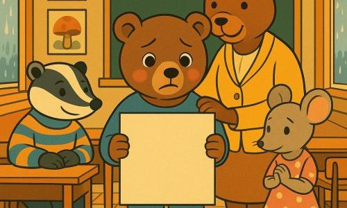 Benno, ein kleiner brauner Bär mit weichem rundem Fell, wirkt beschämt aber erleichtert, die Augen glänzen, die Wangen gerötet; er hält vor sich ein großes fast leeres weißes Papierplakat und steht in der Mitte des Klassenzimmers. Max, ein junger Dachs im gestreiften Pullover, lächelt ermutigend, die Hand auf einem Pult links von Benno, schaut wohlwollend. Emma, eine schüchterne Maus im gepunkteten Kleid, steht rechts, die Hände gefaltet, mitfühlender Blick. Frau Biberlein, eine lächelnde Lehrerin (Biber), steht hinter Benno neben der Tafel und legt beruhigend die Hand auf seine Schulter. Klassenzimmer: Reihen polierter Holztische, große Fenster mit Regentropfen draußen, bunte Wandbilder (Pilzzeichnungen), sechseckige Teppiche, warme geometrische Beleuchtung. Szene: Geständnis und Versöhnung — Benno gesteht einen kleinen Fehler, Atmosphäre von Vergebung und Unterstützung, zentrale symmetrische Komposition, stilisierte Formen, Pastellpalette (honiggelb, blaugrau, puderrosa) mit goldenen Akzenten und klaren Art-déco-Konturen.