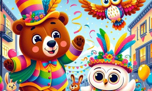 Ein fröhlicher brauner Bär namens Bruno, gekleidet in ein buntes Regenbogenkostüm, tanzt begeistert auf einer Karnevalsfeier, sein Gesicht strahlt vor Glück. Neben ihm fliegt eine bunte Eule mit großen leuchtenden Augen fröhlich singend, während ein kleiner weißer Hase mit einem festlichen Hut um sie herum hüpft und strahlend lächelt. Die Szenerie ist eine belebte Straße, geschmückt mit Blumenketten und glitzernden Laternen, wo Ballons in der Luft schweben und Konfetti wie Sterne herabfallen. Die Szene zeigt Bruno und seine Freunde, die zusammen tanzen und lachen, umgeben von leuchtenden Farben und einer festlichen Atmosphäre, die die Magie des Karnevals feiert.