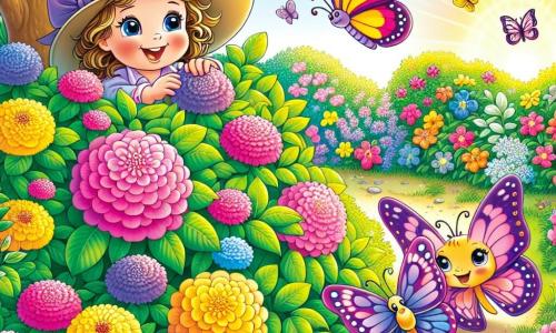 En un jardín colorido, una niña de 5 años llamada Ana lleva un gran sombrero de aventurera y una sonrisa radiante. Está arrodillada cerca de un arbusto, con los ojos brillantes de curiosidad. A su lado, una mariposa de alas violetas y brillantes llamada Lila vuela alegremente a su alrededor, lista para ayudarla en su búsqueda. El jardín está lleno de flores de todos los colores: rosas, amarillas y azules, con mariposas que bailan en el aire. A lo lejos, un gran árbol con ramas extendidas ofrece sombra, mientras un camino de grava serpentea entre los parterres de flores. Ana y Lila descubren una caja brillante escondida bajo las hojas del arbusto. La escena captura la emoción y el asombro de su aventura, mientras se preparan para abrir el tesoro misterioso.