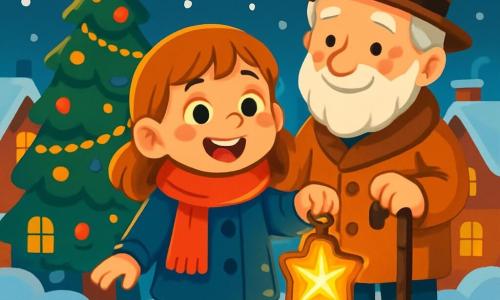 An 8-year-old girl named Elsie stands at the center of the scene, with a bright smile and sparkling eyes full of joy. She wears a bright red scarf, a blue coat, and shiny black boots in the snow. Her cheeks are rosy from the cold, and she holds a star-shaped lantern that emits a soft golden light. Next to her is Old Mr. Lumen, an elderly man with gray hair and a neat beard. He wears a thick coat and a felt hat, smiling proudly at Elsie while holding a cane adorned with a small bell. The setting is a snowy village, with houses topped with snow, windows illuminated by candles, and a large Christmas tree decorated with sparkling garlands in the town square. Snowflakes gently fall, creating a magical atmosphere. Elsie is getting ready to light the village lanterns, surrounded by the warm glow of her star lantern, ready to share the light and joy of Christmas with everyone.