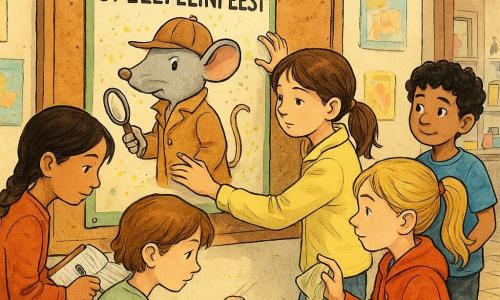 Er zijn vijf kinderen: Noor (~10) met bruine paardenstaart en lichtgele jas staat bij het prikbord en plakt geconcentreerd een hoek van de affiche vast; Yara (~11) met zwarte vlechten houdt links een open notitieboekje en pen en controleert uur en details; Mila (~10) met kort kastanjebruin haar en lichtgroene trui knielt voor het bord en plakt een hoek van het doorzichtige plastic; Zoë (~9) met blonde staartjes en rode jas staat rechts met een doekje en veegt voorzichtig stof en glitters weg; Finn (~11) met krullend zwart haar en blauw T‑shirt staat iets achteraan met een doos punaise en een klein tekeningetje van de muis‑detective. Locatie: lichte schoolgang met beige tegels, crèmekleurige muren en een groot versleten kurkprikbord, open lokaal met verfpotten en glitters zichtbaar rechts. Situatie: de kinderen herstellen samen een grote affiche voor het "Speelpleinfeest" waarop een handgetekende muis‑detective staat, groene rand, glitters onder een doorzichtige folie die Mila zorgvuldig vastplakt; sfeer van samenwerking en zorgvuldige reparatie.