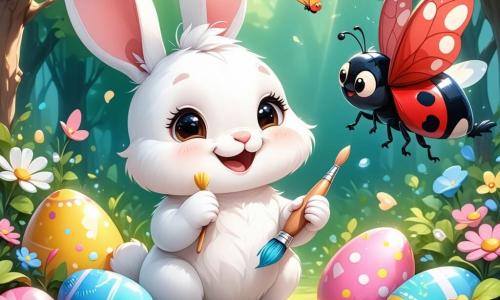 Un coniglietto di nome Pasqualino, con un pelo bianco e morbido, lunghe orecchie pendenti e occhi scintillanti di gioia, sta dipingendo ovetti colorati in un giardino soleggiato. Sorride entusiasta, tenendo un pennello nella zampa. Accanto a lui, una coccinella di nome Lisa, con ali rosse a pois neri, vola felicemente intorno, ammirando gli ovetti. Il giardino è pieno di fiori vivaci, fogliame verde e un cielo blu chiaro, creando un'atmosfera gioiosa. Gli ovetti colorati sono sparsi sull'erba, ognuno decorato con motivi unici. La scena principale mostra Pasqualino e Lisa impegnati, circondati dalle loro creazioni, pronti a celebrare la magia di Pasqua con i loro amici.