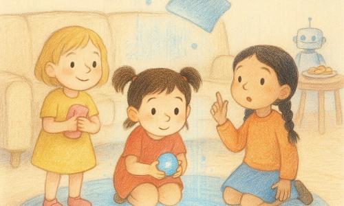 Tre bambine di circa 6 anni: Sofia, capelli castani in codini, accovacciata al centro con una piccola palla brillante; Lila, capelli biondi corti, a sinistra con una gomma rosa stretta; Emma, capelli neri intrecciati, a destra con la mano alzata come per chiedere. Ambientazione: soggiorno familiare con un grande divano beige in primo piano e un cerchio di luce azzurra sotto il divano che forma un piccolo portale; sullo sfondo cornici alle pareti, un tavolino con biscotti e cuscini fluttuanti che suggeriscono un passaggio magico. Atmosfera di meraviglia tranquilla, espressioni sorprese ma rassicurate, oggetti normali mescolati a dettagli leggermente futuristici (un piccolo robot stilizzato); palette pastello, stile a matita colorata con tratti morbidi e texture di carta, composizione centrata sul cerchio di luce e sulle tre bambine.