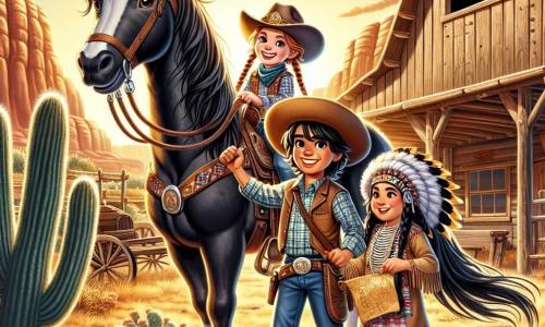 In primo piano, Lily, una giovane cow-girl di 12 anni, è rappresentata con lunghi capelli intrecciati, indossando un grande cappello da cowboy e una camicia a quadri. Il suo viso esprime una gioia determinata mentre tiene saldamente le redini del suo cavallo, Thunder, un magnifico mustang nero. Accanto a lei, Nuvola Bianca, un giovane indiano di 13 anni, ha lunghi capelli neri e indossa una tunica tradizionale decorata con motivi colorati. Sorride amichevolmente, tenendo una mappa antica tra le mani, pronto ad aiutare Lily nella sua ricerca. Lo sfondo si trova nel ranch di Silver Creek, con colline dorate all'orizzonte, cactus sparsi e un vecchio fienile di legno dietro di loro, illuminato dalla calda luce del sole al tramonto. La scena principale mostra Lily e Nuvola Bianca, in piedi davanti al vecchio fienile, esaminando insieme il misterioso diario di Wild Bill, circondati da un'atmosfera di avventura e mistero, pronti a scoprire i segreti del passato.