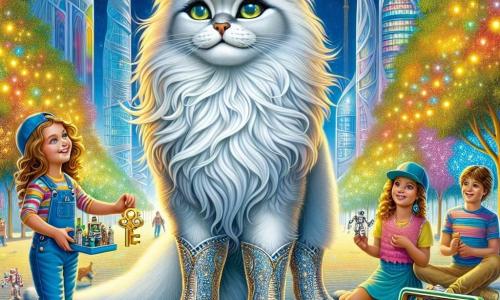In het midden van de afbeelding staat de Gelaarsde Kat, een elegante kat met een zijdezachte vacht en glanzende laarzen, trots en glimlachend, met sprankelende ogen vol enthousiasme. Hij houdt een kleine gouden sleutel vast, symbool van zijn avontuur, terwijl hij op een stapel kleurrijke boeken staat, omringd door robotvormige speelgoedjes. Rechts van hem kijkt een meisje van ongeveer 10 jaar, met lange krullende haren en een kleurrijke jurk, met bewondering naar de Kat. Ze houdt een kleine gereedschapsdoos vol schroeven en robotonderdelen vast, klaar om hem te helpen met hun project. Links staat een jongen van 9 jaar, met een achterstevoren pet en een gestreept t-shirt, die glimlacht terwijl hij een klein robotje vasthoudt dat hij heeft gebouwd, wat zijn enthousiasme voor de samenwerking toont. De achtergrond toont een futuristisch park, vol met bomen met glinsterende bladeren en heldere bloemen, met kinderen die om hen heen spelen en lachen. Op de achtergrond rijzen moderne gebouwen met geometrische vormen omhoog onder een stralende blauwe lucht, wat een vrolijke en dynamische sfeer creëert. De belangrijkste situatie toont de Gelaarsde Kat en de kinderen verenigd in een moment van creativiteit, terwijl ze samen werken aan het bouwen van een reusachtige robot, wat vriendschap en gelijkheid symboliseert, terwijl kleurrijke spraakballonnen om hen heen zweven, die hun vreugde en vastberadenheid om samen te slagen uitdrukken.