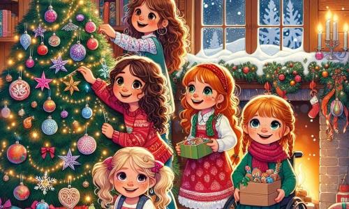 In het midden van de afbeelding staan vier vriendinnen rond een prachtige kerstboom. Emma, een zevenjarig meisje met krullend bruin haar en sprankelende ogen, staat links met een kleurrijke slinger die ze op de laagste tak wil hangen. Lotte, een zevenjarig meisje met blond haar en vlechten, staat rechts van Emma en versiert de boom met glanzende sterren. Sara, een zevenjarig meisje met rood haar en sproeten, staat achter de boom met een doos glinsterende versieringen en een verwonderde blik. Noor, een zevenjarig meisje in een rolstoel, staat in het midden, omringd door haar vriendinnen, met een grote glimlach en kerstkoekjes die ze samen hebben versierd. De setting is een warme kerst woonkamer met houten muren en fonkelende lichtslingers. Een haard vuurt zachtjes en buiten vallen sneeuwvlokken door een versierde raam. De meisjes zijn druk in de weer, lachend en kerstliedjes zingend terwijl ze de boom met liefde versieren, wat een feestelijke en vrolijke sfeer creëert.